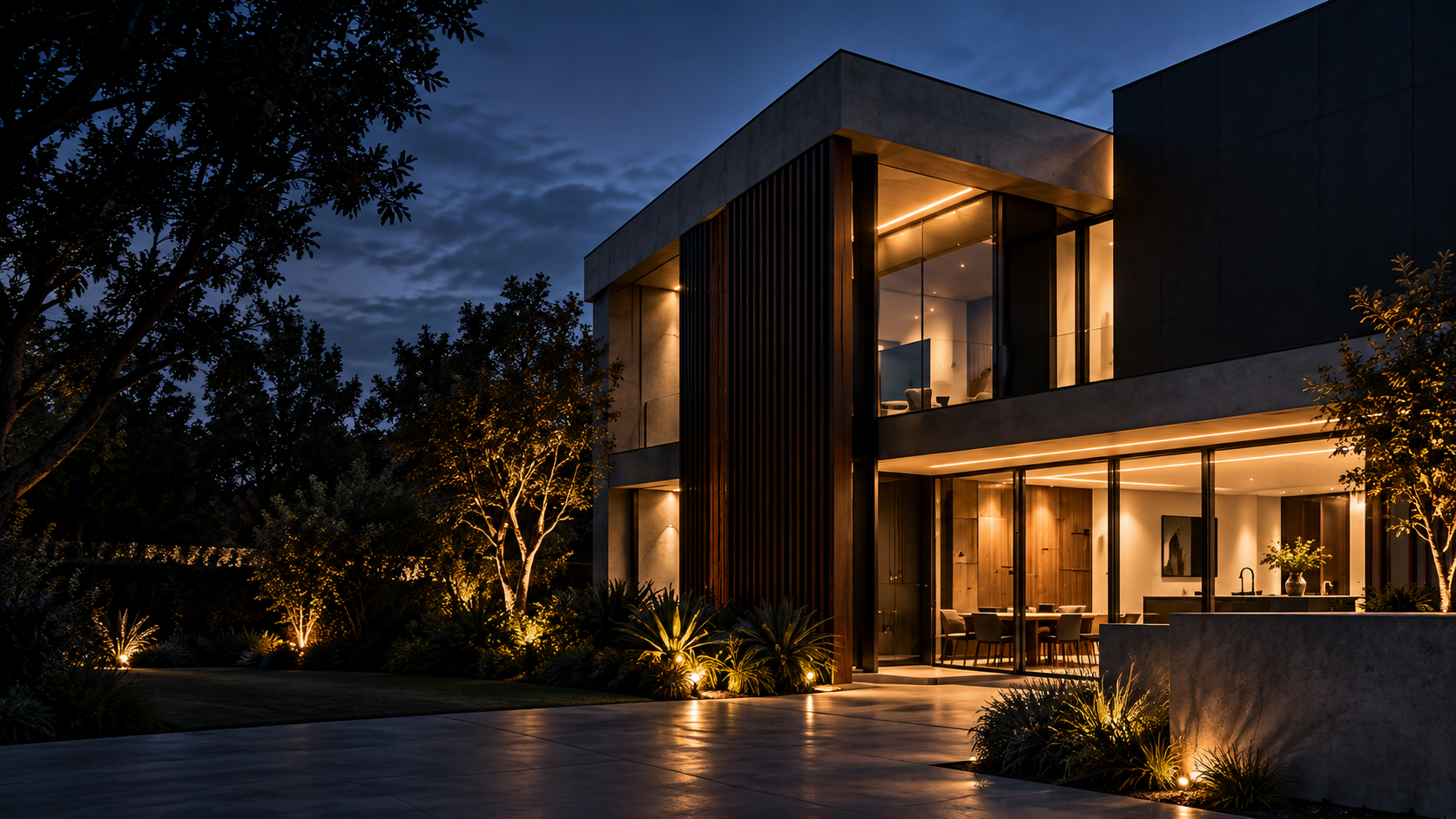 Architectural lighting illuminating a contemporary home and garden at dusk